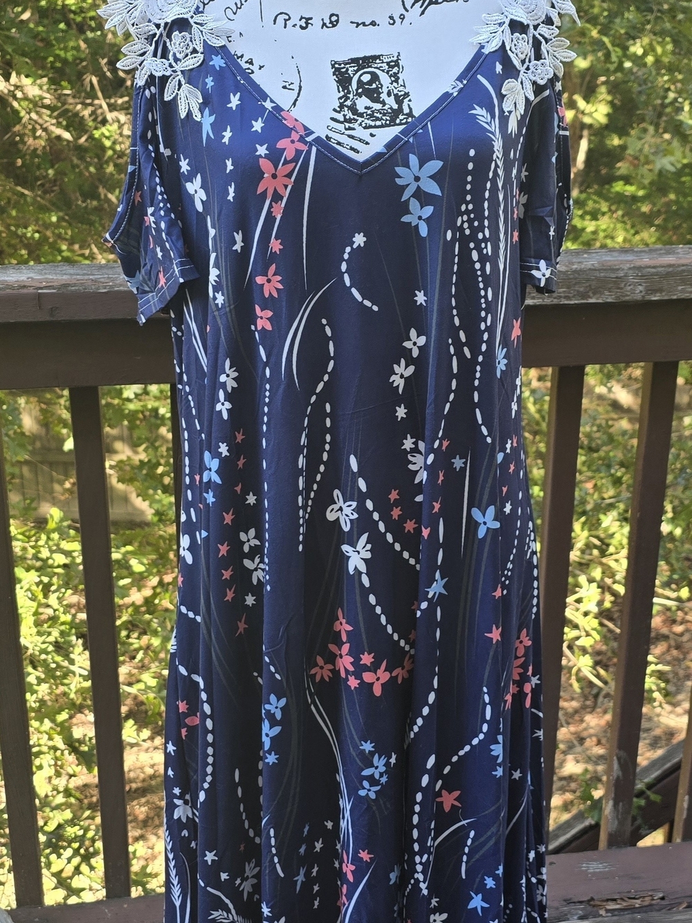 Amazon Navy Floral Cold-Shoulder Maxi Dress with Lace Trim